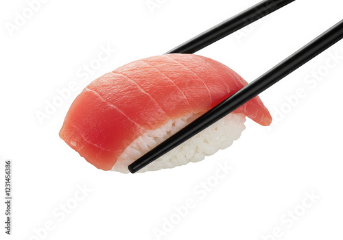 Black chopsticks holding sushi isolated on transparent background