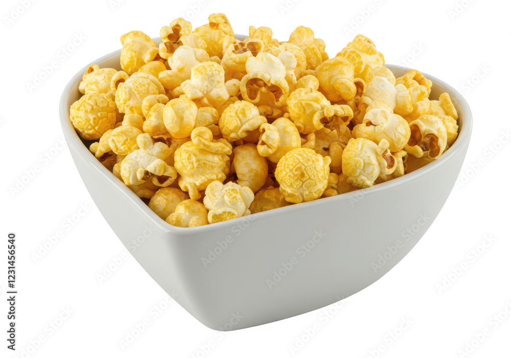 Fresh popcorn in white heart shaped bowl isolated on transparent background Fresh popcorn in white heart shaped bowl isolated on transparent background