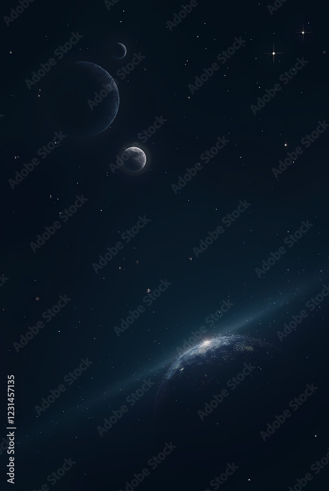 Obraz premium Minimalistic illustration of space with planets as circles and stars as dots, on a dark background