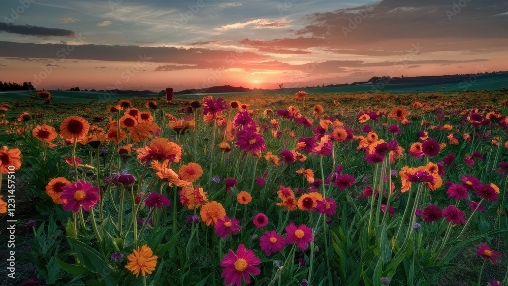 Obraz premium Vibrant field with blooming orange and pink flowers under a sunset sky; lush green grass and distant hills in a serene summer landscape.