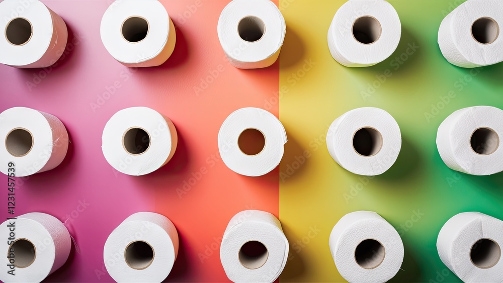 Top view of neatly arranged white toilet paper rolls on a split vibrant background with pink on the left and green on the right Top view of neatly arranged white toilet paper rolls on a split vibrant background with pink on the left and green on the right