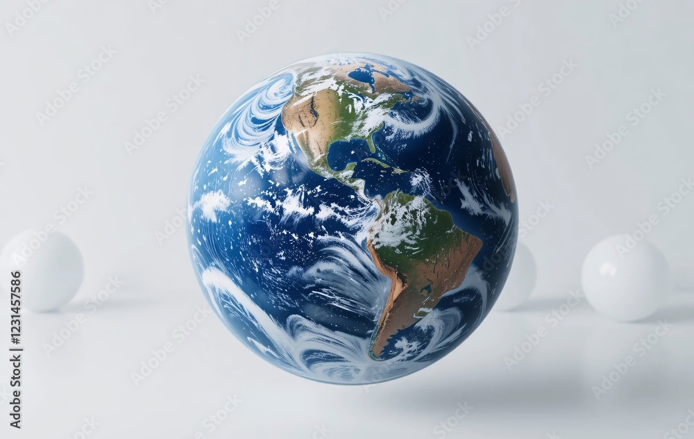 Floating globe showcasing a hyper-realistic Earth suspended gracefully against a pure white background Floating globe showcasing a hyper-realistic Earth suspended gracefully against a pure white background