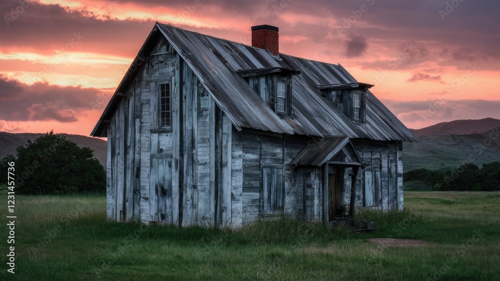 Weathered wooden house with a rustic charm against a vibrant sunset background, showcasing gray walls and a green grassy foreground. Weathered wooden house with a rustic charm against a vibrant sunset background, showcasing gray walls and a green grassy foreground.