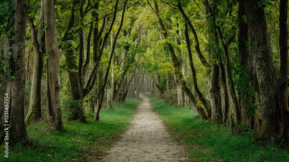 Serene wooded trail with lush green trees arching over a sandy path, creating a tranquil atmosphere in a vibrant forest setting. Serene wooded trail with lush green trees arching over a sandy path, creating a tranquil atmosphere in a vibrant forest setting.