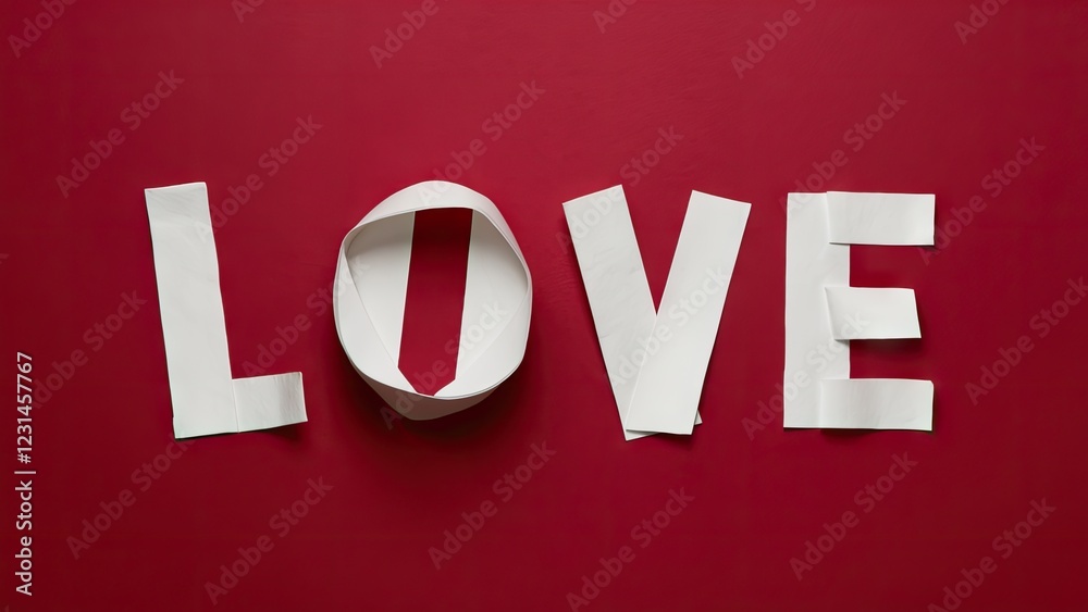 White letters spelling LOVE crafted from paper strips arranged on a deep red background with a curled paper element positioned in the center White letters spelling LOVE crafted from paper strips arranged on a deep red background with a curled paper element positioned in the center