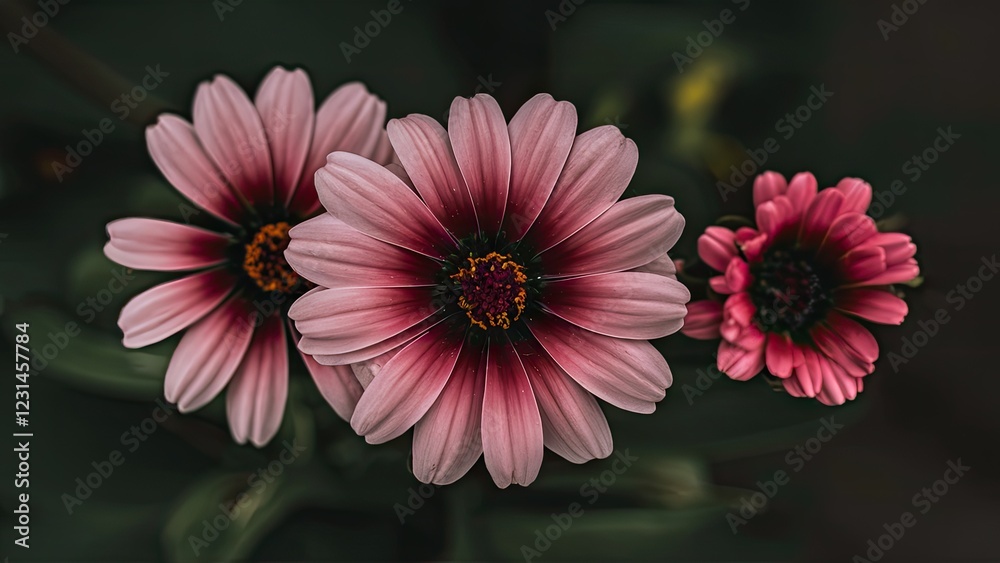 Obraz premium Pink daisies with dark green leaves, foreground flowers in full bloom, background flowers slightly smaller, showcasing a soft contrast in colors.