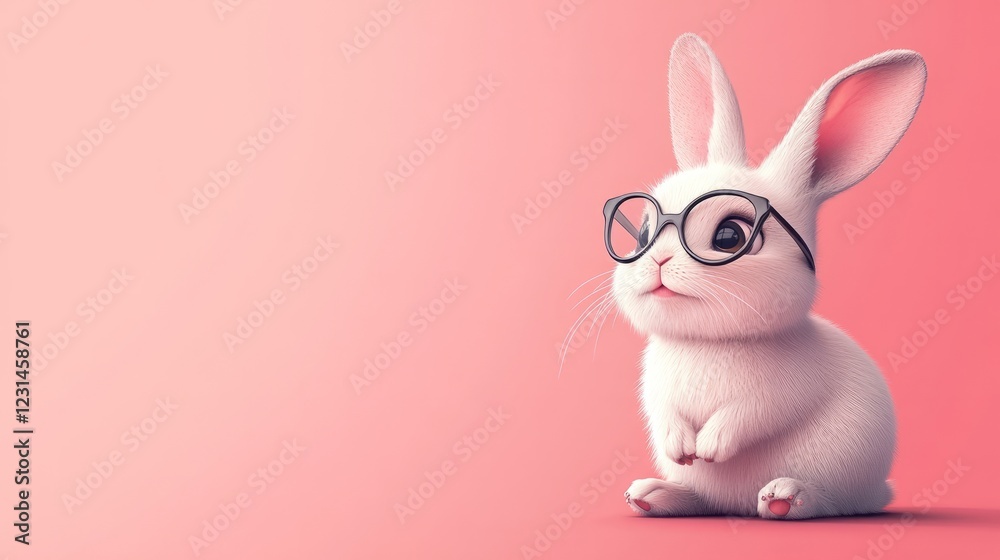 Obraz premium A playful cartoon rabbit wearing glasses, sitting on a minimalist solid-color background, with room for text