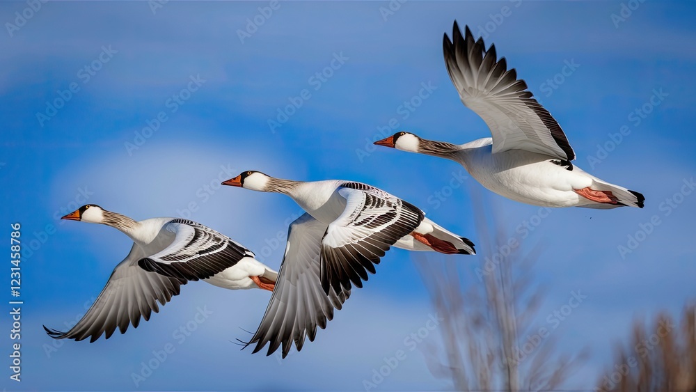 Three snow geese in flight in a V formation against a bright blue sky with soft clouds showcasing nature's beauty and peaceful atmosphere Three snow geese in flight in a V formation against a bright blue sky with soft clouds showcasing nature's beauty and peaceful atmosphere