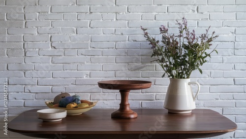 Wooden pedestal on a kitchen table with a white brick wall features fresh flowers in a vase, fruit on a plate, and a small bowl to the side. photo