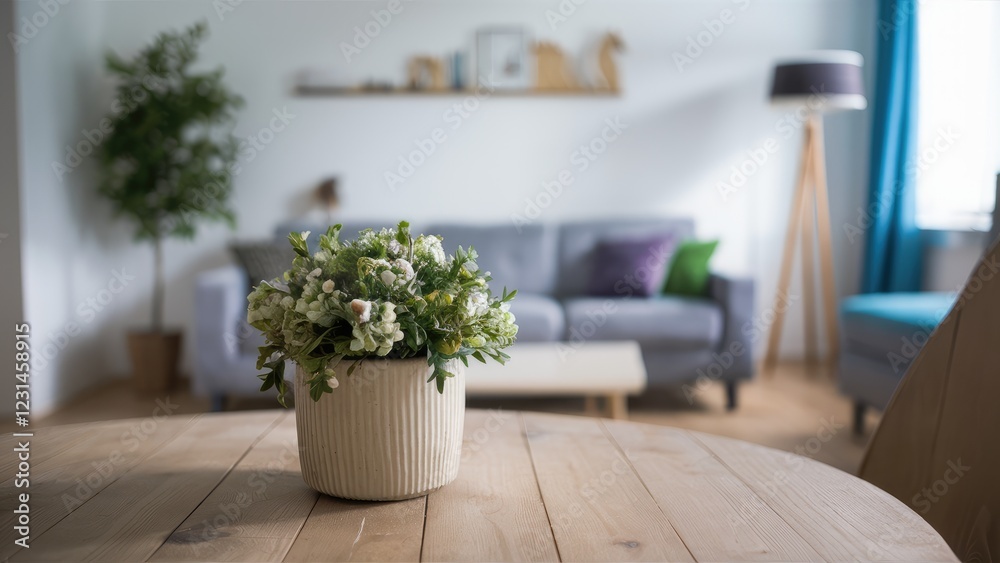 Modern tabletop scene featuring a potted flower arrangement in focus with a blurred cozy living room background showcasing a gray sofa and decorative elements. Modern tabletop scene featuring a potted flower arrangement in focus with a blurred cozy living room background showcasing a gray sofa and decorative elements.