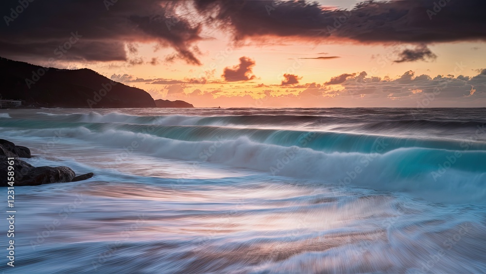 Fototapeta premium Dramatic winter storm waves crash against rocky coastline with turquoise water under a vibrant sunset sky in the Far East landscape.