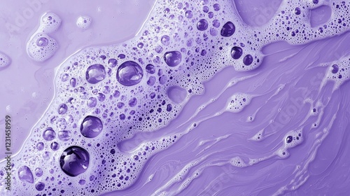 Soft lavender foam and glistening bubbles merge seamlessly, forming an enchanting pattern that captivates the senses. The rich hues and delicate textures invite exploration and imagination