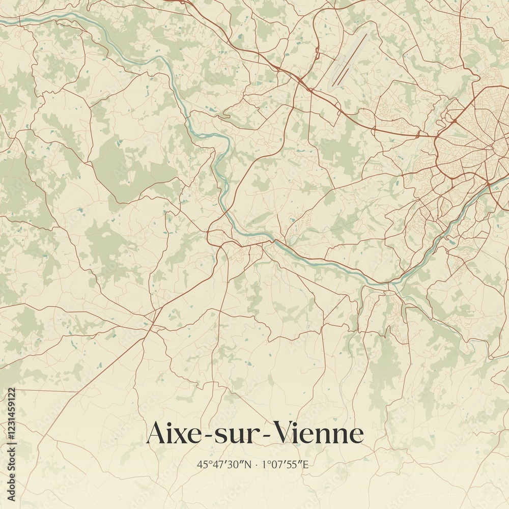 Fototapeta premium Retro map of Aixe-sur-Vienne, Nouvelle-Aquitaine, France. Vintage street map.