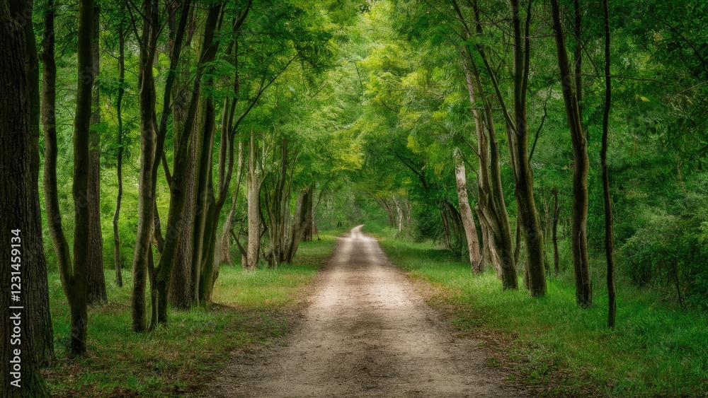 Lush green wooded trail leading into the distance, lined by tall trees with soft sunlight filtering through the canopy, creating a serene atmosphere. Lush green wooded trail leading into the distance, lined by tall trees with soft sunlight filtering through the canopy, creating a serene atmosphere.
