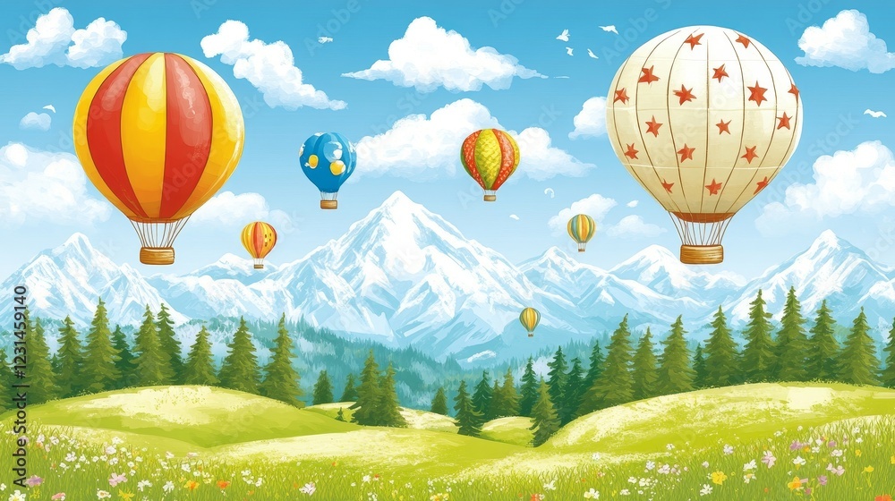Obraz premium Colorful hot air balloons soaring over majestic snow-capped mountains and verdant valleys