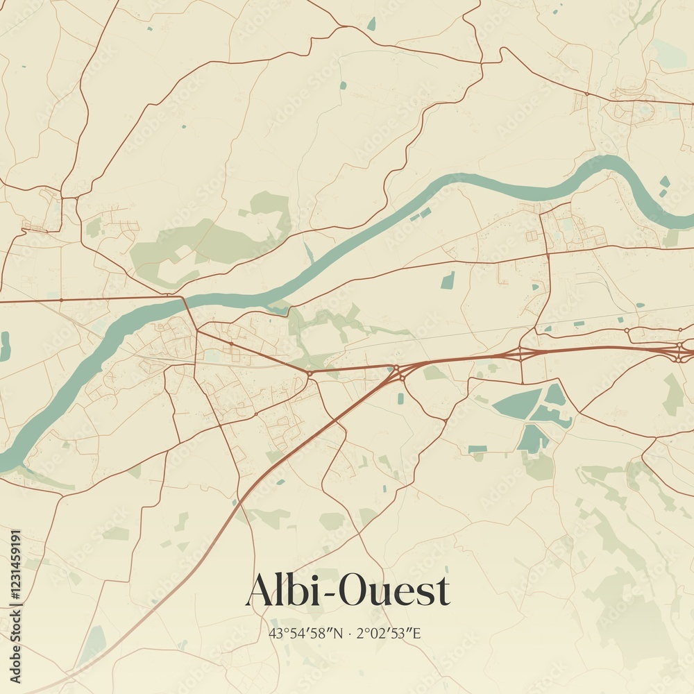 Fototapeta premium Retro map of Albi-Ouest, Occitanie, France. Vintage street map.