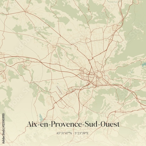 Fototapeta Naklejka Na Ścianę i Meble -  Retro map of Aix-en-Provence-Sud-Ouest, Provence-Alpes-C�te d'Azur, France. Vintage street map.