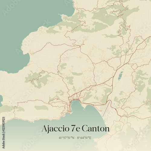 Retro map of Ajaccio 7e Canton, Corse, France. Vintage street map. photo