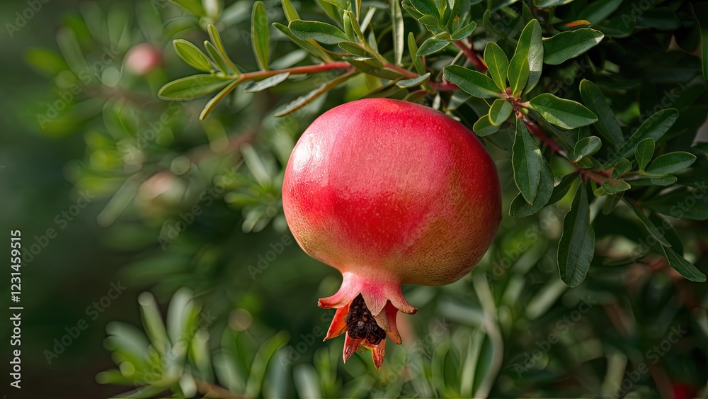 Ripe red pomegranate hanging on green foliage creating a natural, lush background with a soft focus on the fruit and leaves. Ripe red pomegranate hanging on green foliage creating a natural, lush background with a soft focus on the fruit and leaves.