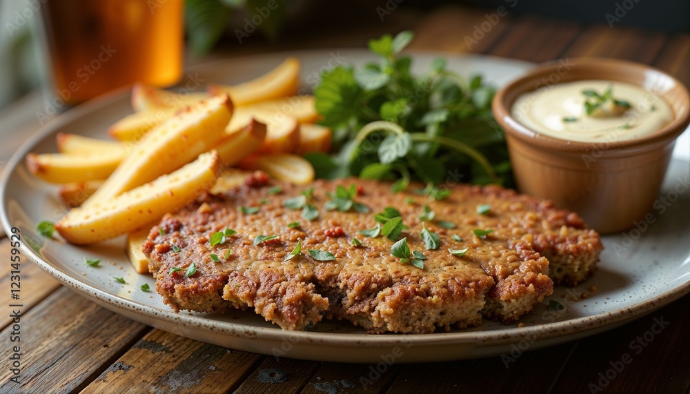 Breaded pork schnitzel with fries and herb sauce on a rustic plate, delicious meal concept Breaded pork schnitzel with fries and herb sauce on a rustic plate, delicious meal concept