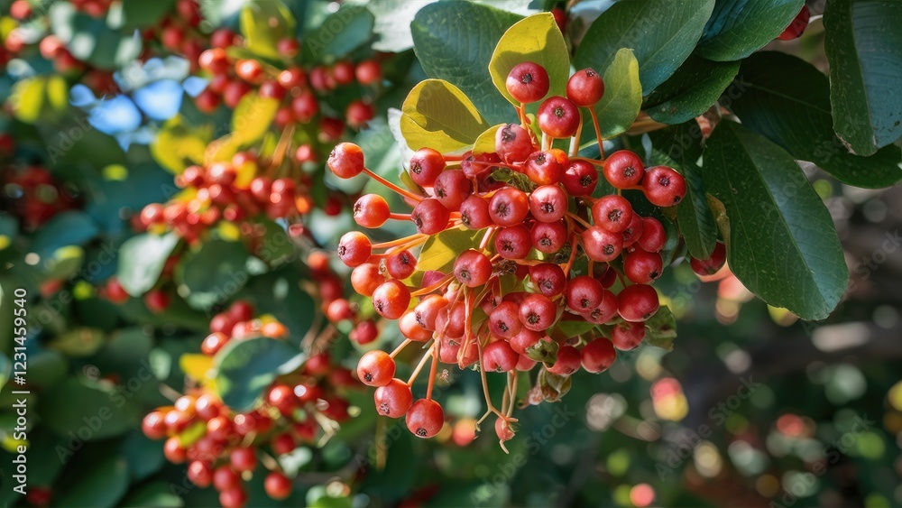 Obraz premium Vibrant clusters of bright red turkey berries against lush green foliage, captured in sunlight for a fresh and natural look in nature.