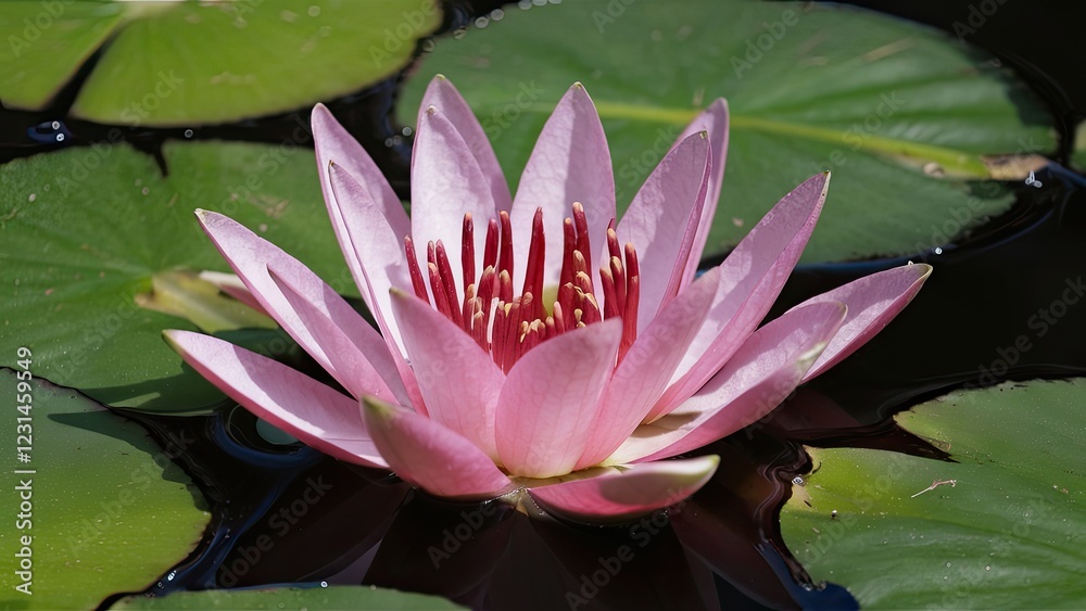 Delicate pink Euryale ferox flower blooming atop lush green lily pads in serene waters showcasing natural aquatic beauty and tranquility.