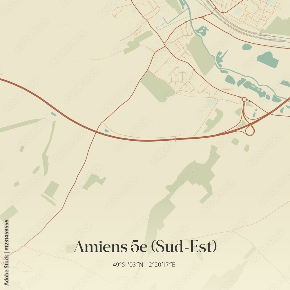 Fototapeta premium Retro map of Amiens 5e (Sud-Est), Hauts-de-France, France. Vintage street map.