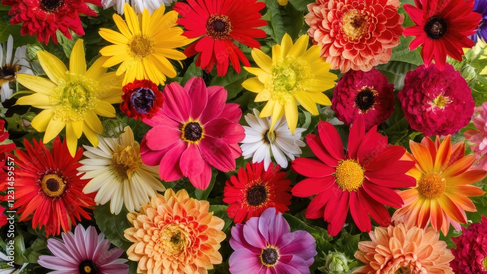 Vibrant summer garden showcasing a rich array of colorful flowers in shades of red, yellow, pink and white arranged densely in a lush background