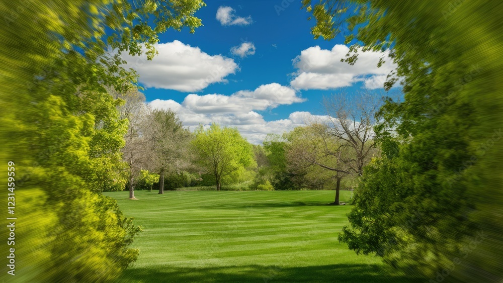 Naklejka premium Lush green lawn bordered by vibrant leaves and trees under a bright blue sky with fluffy clouds creating a serene spring atmosphere.