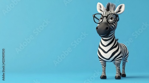 A playful cartoon zebra wearing glasses, walking against a solid background, with copy space available 