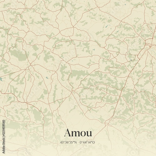 Retro map of Amou, Nouvelle-Aquitaine, France. Vintage street map. photo