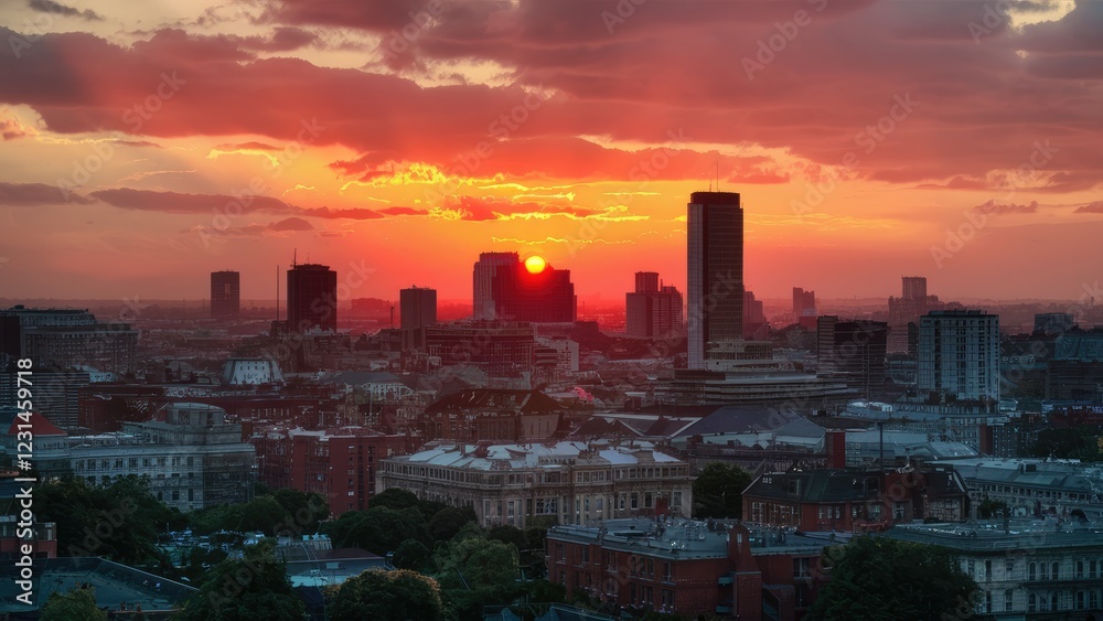 Fototapeta premium Vibrant sunset illuminating a city skyline with skyscrapers in silhouette, warm hues of orange and red blending with cool gray buildings.