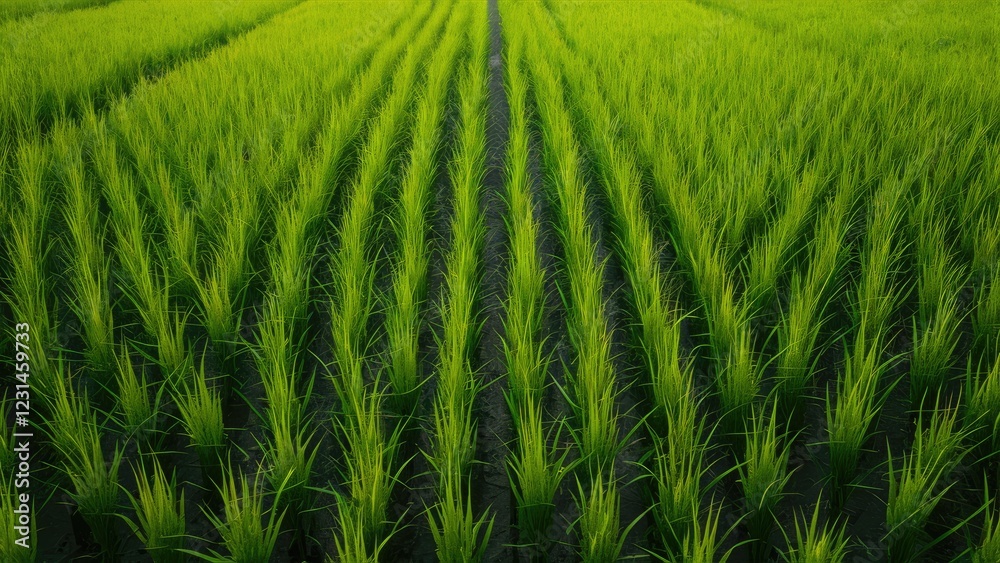 Lush green rice fields with vibrant plant growth arranged in neat rows under natural light creating a serene agricultural landscape. Lush green rice fields with vibrant plant growth arranged in neat rows under natural light creating a serene agricultural landscape.