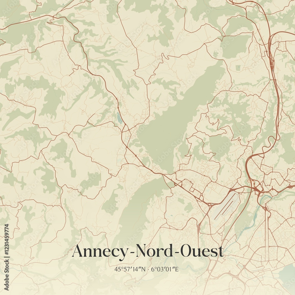 Obraz premium Retro map of Annecy-Nord-Ouest, Auvergne-Rh�ne-Alpes, France. Vintage street map.