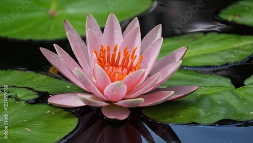 Pink water lily Euryale ferox blooming gracefully on dark water surrounded by green leaves with vibrant orange stamens at the center of the flower. photo