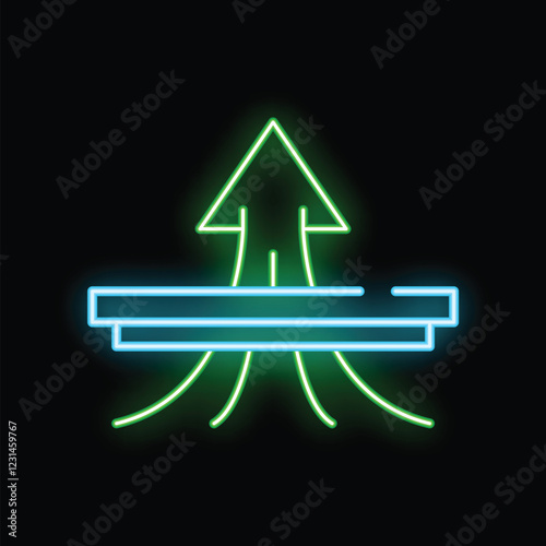 Glowing neon line icon of a green arrow breaking through obstacles to success, business concept