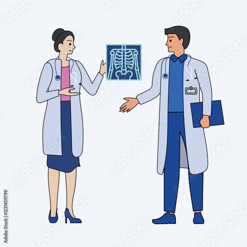two doctors with chest rib Xray radiology skeleton film in flat design. medical vector illustration.