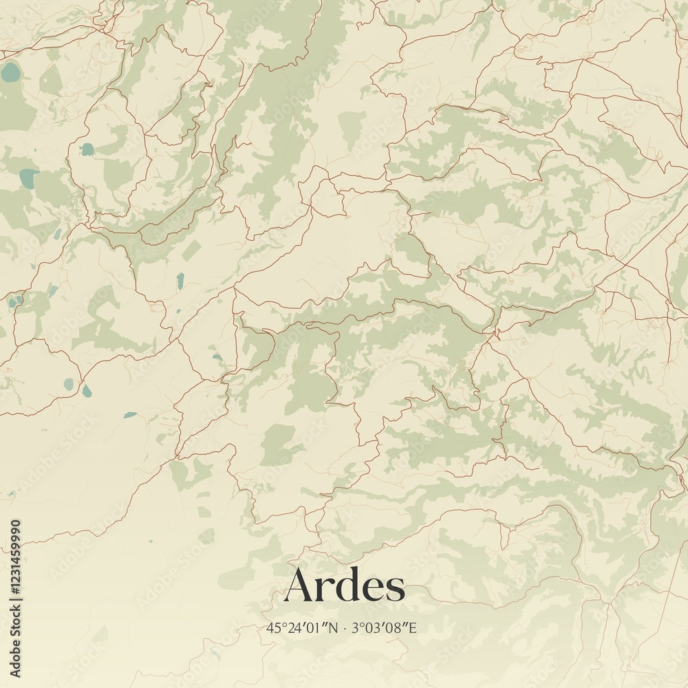Fototapeta premium Retro map of Ardes, Auvergne-Rh�ne-Alpes, France. Vintage street map.