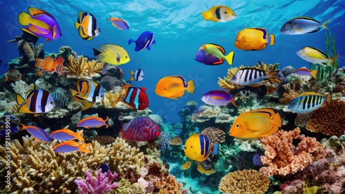 Colorful underwater coral reef with vibrant tropical fish; orange, yellow, blue and purple hues amidst diverse corals in a clear blue ocean. photo