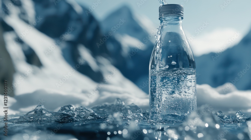 Pure Water Drops from Bottle and Glass in Natural Background of Snowy Mountains Pure Water Drops from Bottle and Glass in Natural Background of Snowy Mountains