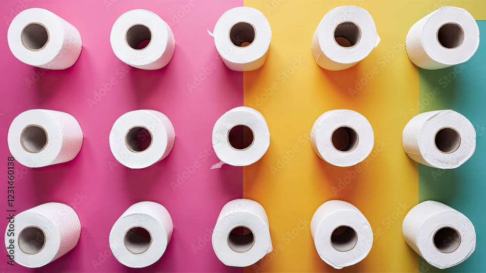 Top view of white toilet paper rolls arranged in two rows on a vibrant pink and yellow background, enhancing the visual contrast and appeal. Top view of white toilet paper rolls arranged in two rows on a vibrant pink and yellow background, enhancing the visual contrast and appeal.