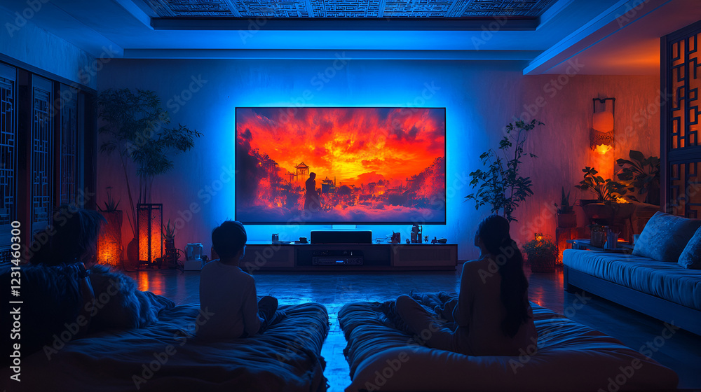 Living room interior featuring a large vibrant abstract painting with blue ambient lighting and an ultra widescreen TV, cozy movie night, modern decor, cinematic home theater, immersive Living room interior featuring a large vibrant abstract painting with blue ambient lighting and an ultra widescreen TV, cozy movie night, modern decor, cinematic home theater, immersive