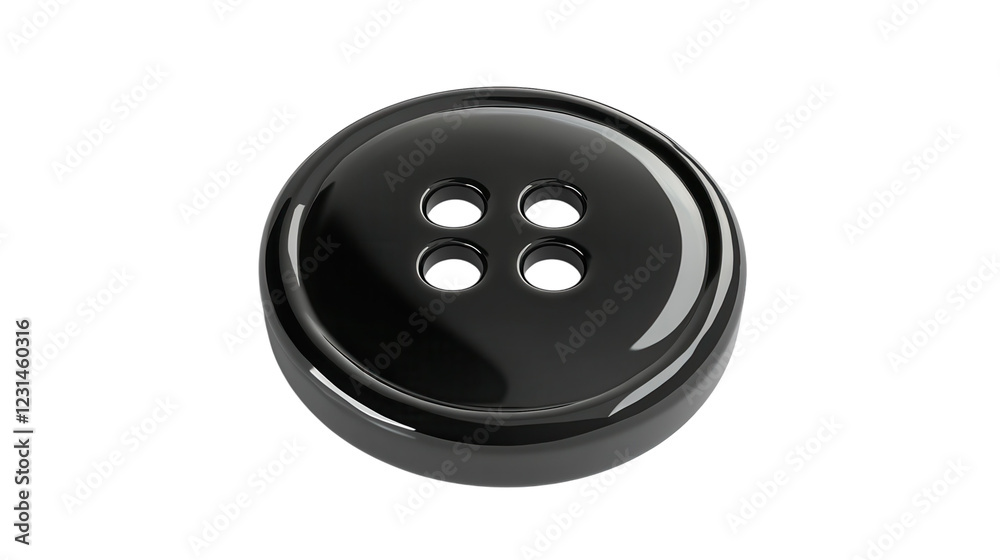 Black button with four holes used for fastening clothing and accessories in sewing and crafting projects Black button with four holes used for fastening clothing and accessories in sewing and crafting projects