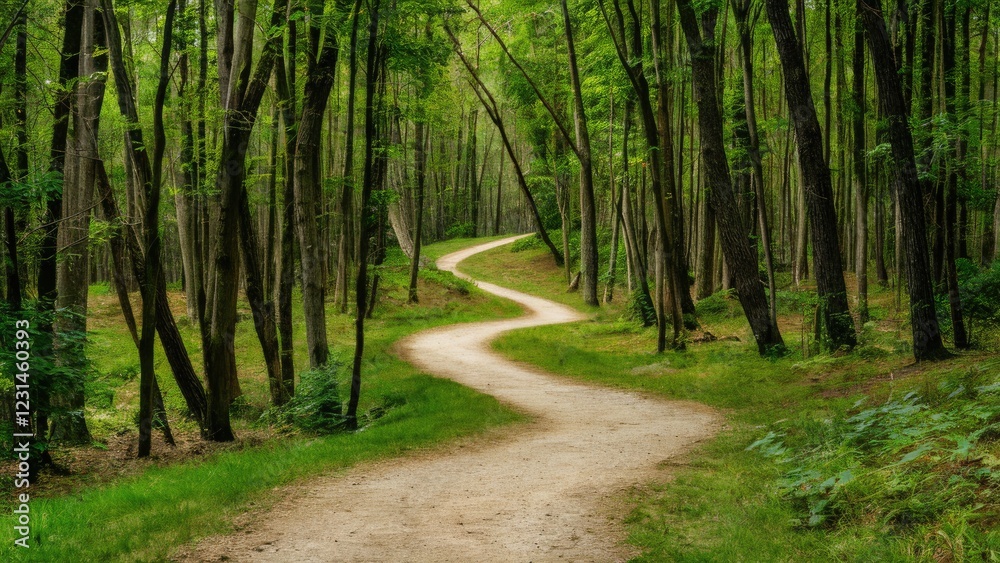 Serene winding dirt pathway through lush green forest surrounded by tall trees and vivid underbrush creating a peaceful natural scene Serene winding dirt pathway through lush green forest surrounded by tall trees and vivid underbrush creating a peaceful natural scene