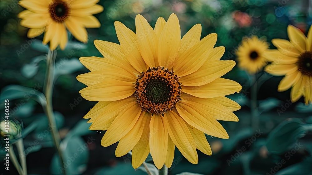 Bright yellow sunflower close-up against a lush green garden background with soft bokeh effect, petals radiating outward showcasing vibrant detail. Bright yellow sunflower close-up against a lush green garden background with soft bokeh effect, petals radiating outward showcasing vibrant detail.