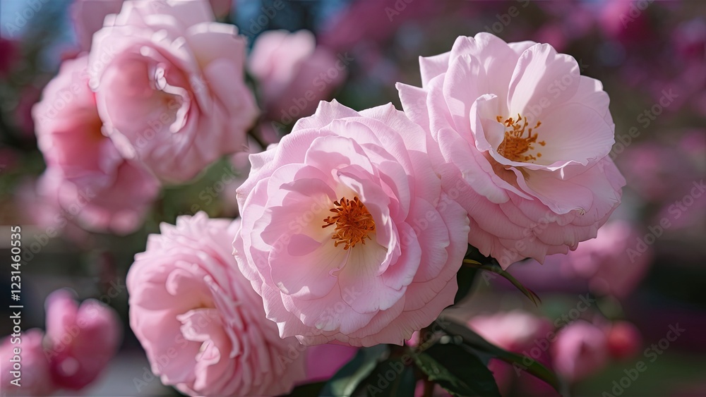 Delicate pink cherry blossom roses with soft petals and vibrant golden centers, arranged gracefully against a blurred pink background. Delicate pink cherry blossom roses with soft petals and vibrant golden centers, arranged gracefully against a blurred pink background.