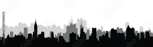 Minimalistic skyline silhouette of skyscrapers set against a vibrant or neutral background. 