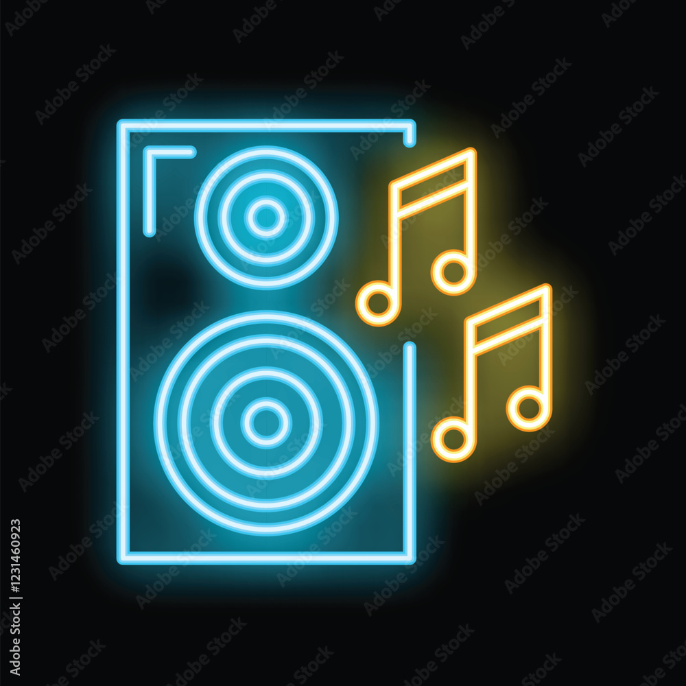 Blue neon speaker with yellow musical notes glowing on dark background Blue neon speaker with yellow musical notes glowing on dark background