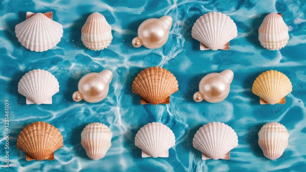 Colorful seashells and pearls arranged in a grid over a vibrant blue water surface creating a lively summer beach aesthetic Colorful seashells and pearls arranged in a grid over a vibrant blue water surface creating a lively summer beach aesthetic