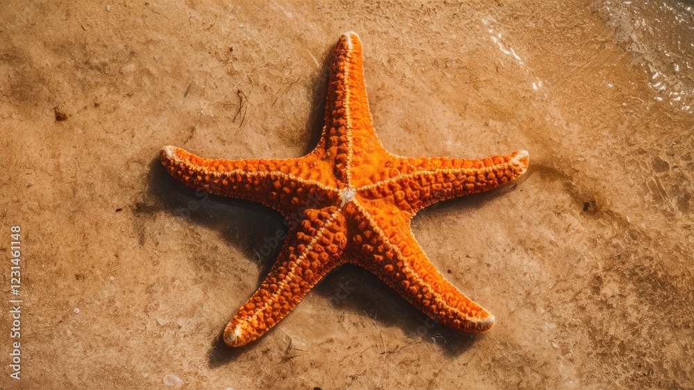 Orange starfish with textured arms positioned centrally on a sandy beach background, warm tones and natural sunlight highlighting the scene. Orange starfish with textured arms positioned centrally on a sandy beach background, warm tones and natural sunlight highlighting the scene.